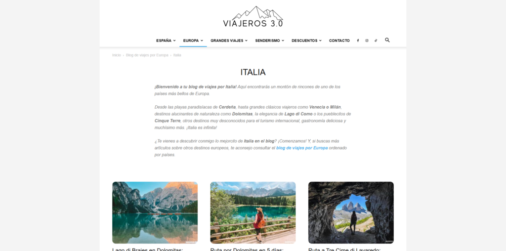 Captura de pantalla de uno de los blogs de viaje de Italia, llamado Viajeros 3.0