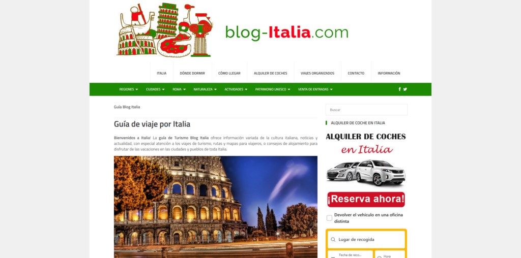Captura de pantalla de uno de los blogs de viaje de Italia, llamado Blog Italia