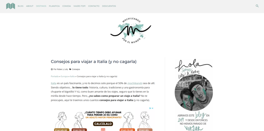Captura de pantalla de uno de los blogs de viaje de Italia, llamado Mochileando por el Mundo